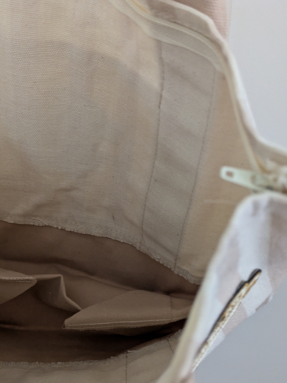 Trader Joe's Striped Mini Canvas Tote Bag Desert Sand with patches and zipper - Picture 7 of 7